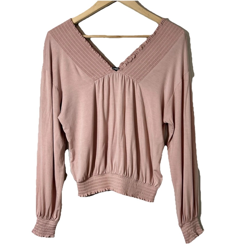 Express Blouse Women's Small Dusty Rose Smoked V-Neck Boho Chic Romantic